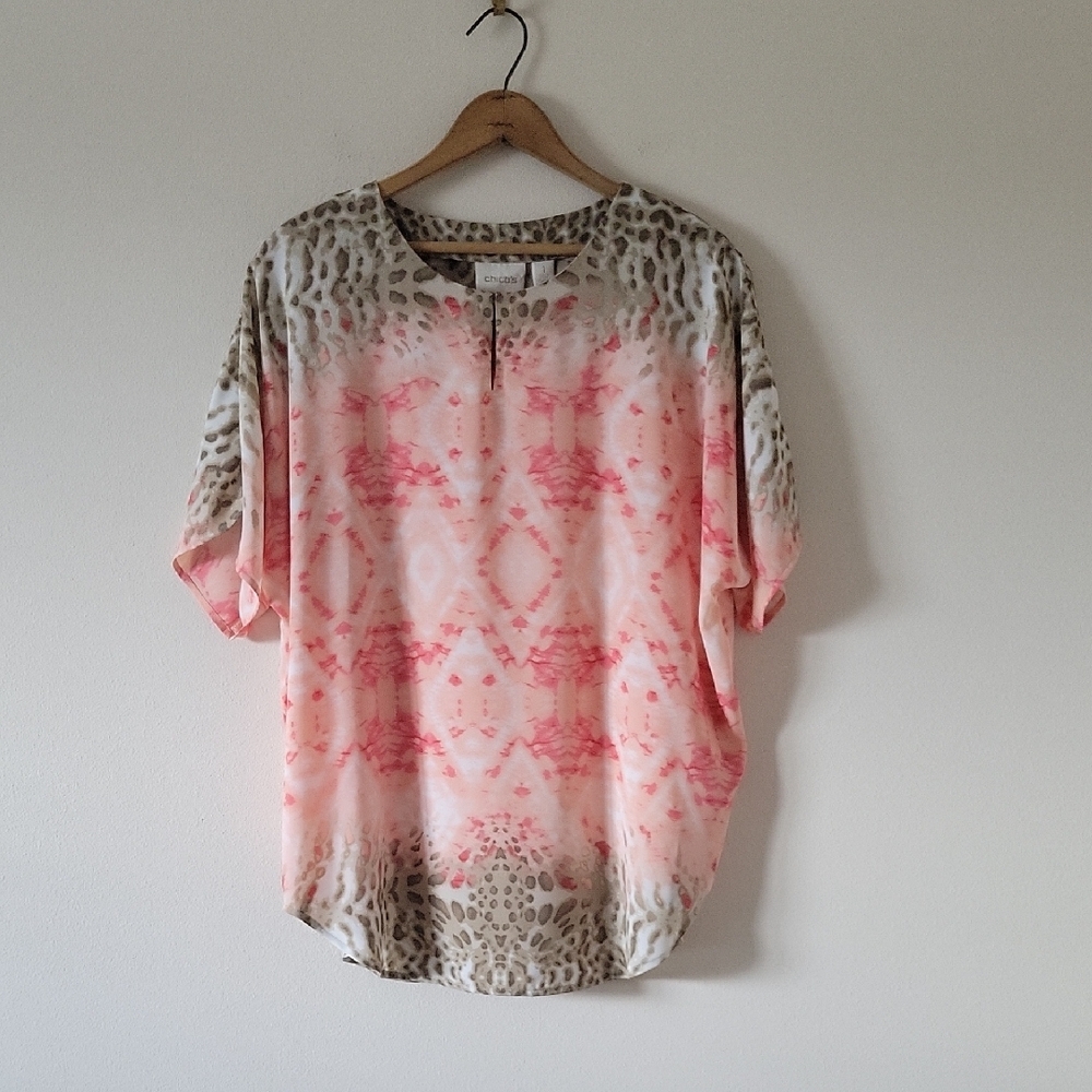 Chico's Pink Tan Animal Print Ikat Lined Blouse Size Medium